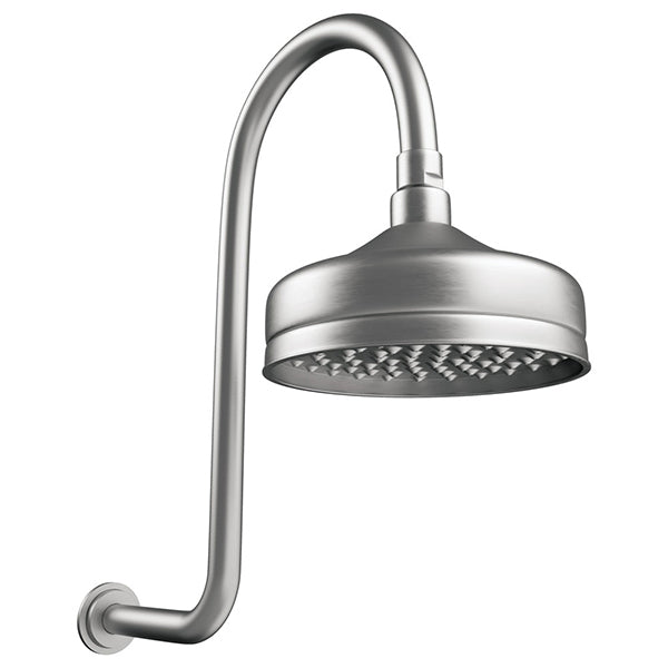 Fienza Lillian wall arm shower set in brushed nickel with round rain head on curved wall arm