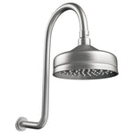 Fienza Lillian wall arm shower set in brushed nickel with round rain head on curved wall arm