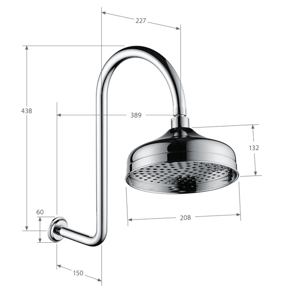 Fienza Lillian wall arm shower set in matte black, shown as a technical drawing with dimensions and round rain head