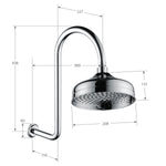 Fienza Lillian wall arm shower set in brushed nickel, round rain head shown with dimension lines on white background
