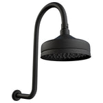 Fienza Lillian wall arm shower set in matte black with round rain head and curved wall arm on white background