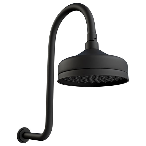 Fienza Lillian wall arm shower set in matte black with round rain head and curved wall arm on white background
