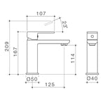 Technical drawing of Caroma Luna black basin mixer, showing side and front views with dimensions and 23° handle angle.