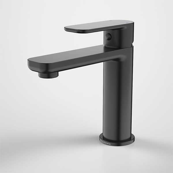 Caroma Luna black basin mixer tap, modern hob-mounted design with slim lever handle and square spout