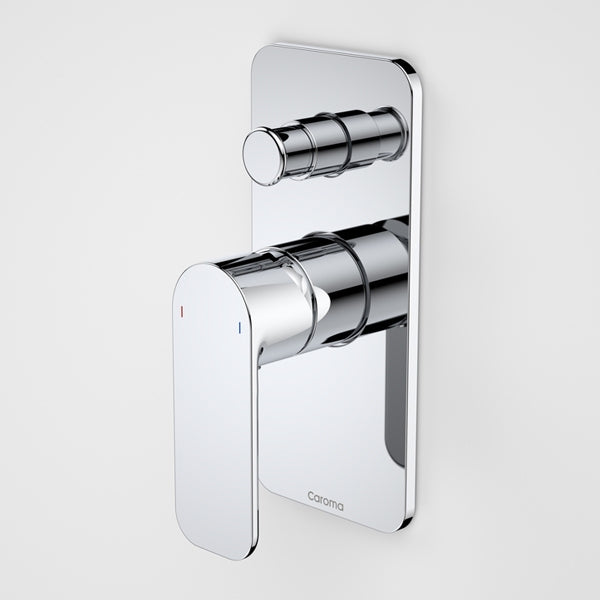 Caroma Luna chrome wall-mounted bath and shower mixer with diverter, shown front on with paddle handle