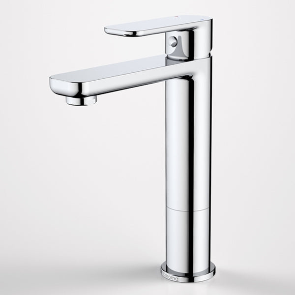 Caroma Luna mid basin mixer in polished chrome, tall rectangular tap with flat lever handle on white background