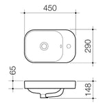 Caroma Luna inset hand basin technical drawing in white, rectangular shape, with 450 x 290mm dimensions and single taphole