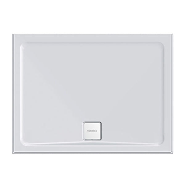 Decina Luna 1200 white acrylic shower base with rear outlet and square chrome waste cover, front view