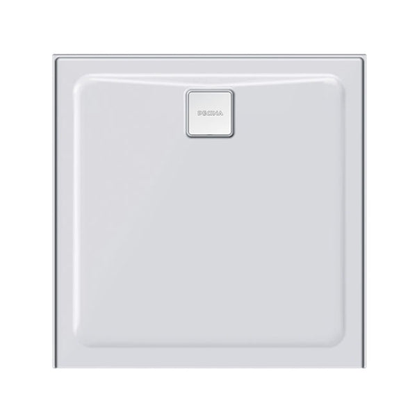Decina Luna 900 white acrylic shower base with rear outlet and square chrome waste, top view