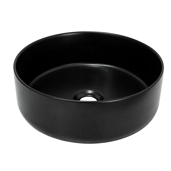 ADP Margot round above counter basin in matte black ceramic, front view with centre waste opening