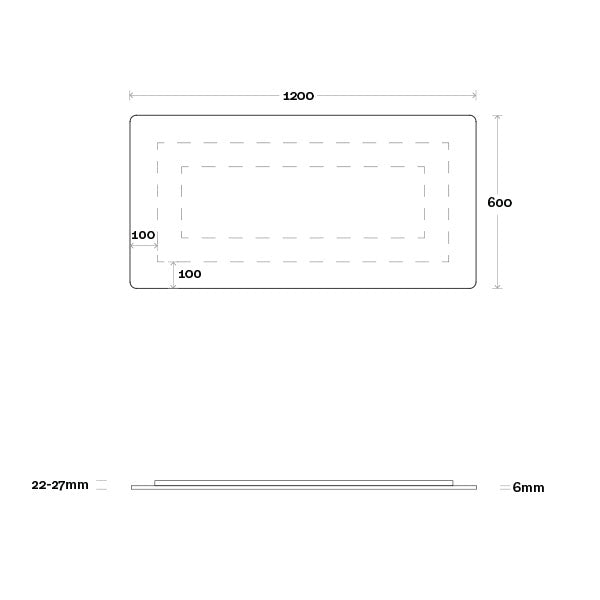 Marquis Base Mirror 1200 x 600mm rectangular mirror with rounded corners, shown in technical dimensions view