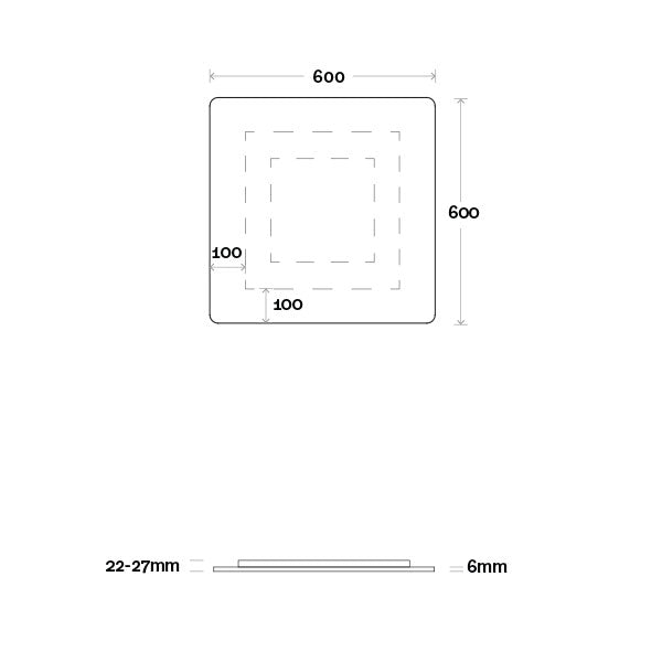 Marquis Base Mirror 600 x 600mm technical drawing with rounded rectangular shape and 25mm deep profile