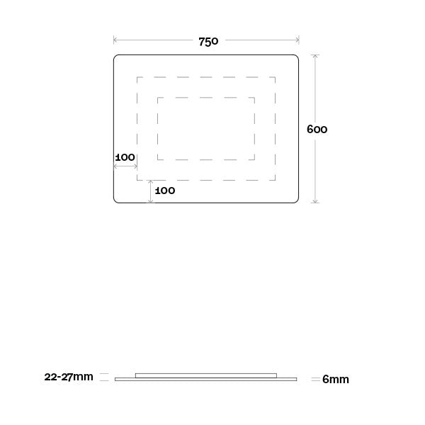 Marquis Base Mirror technical drawing, rectangular mirror with rounded corners, 750 x 600mm and 6mm profile