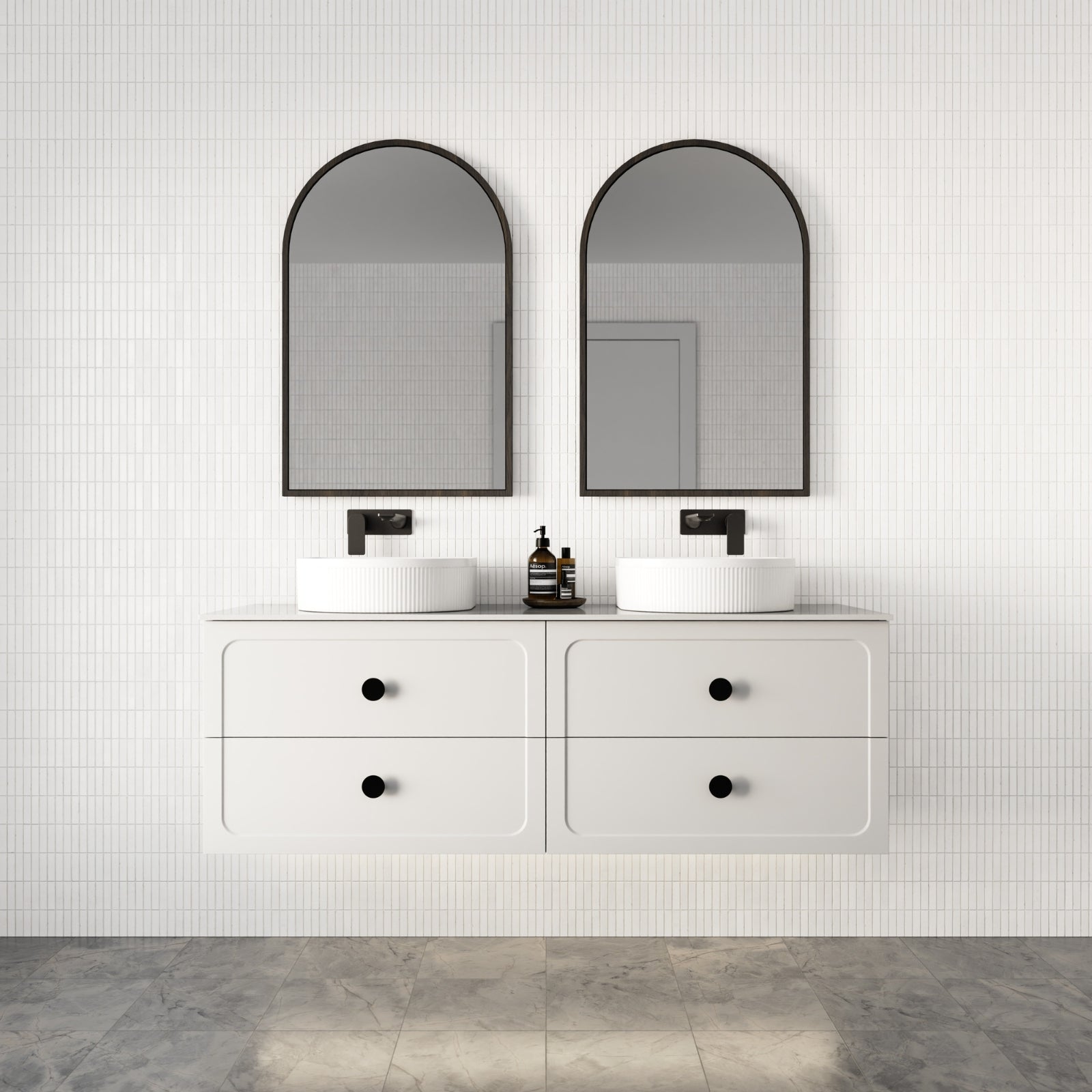 Marquis Camden wall hung vanity with Symphony top, white shaker double basin vanity in bathroom setting