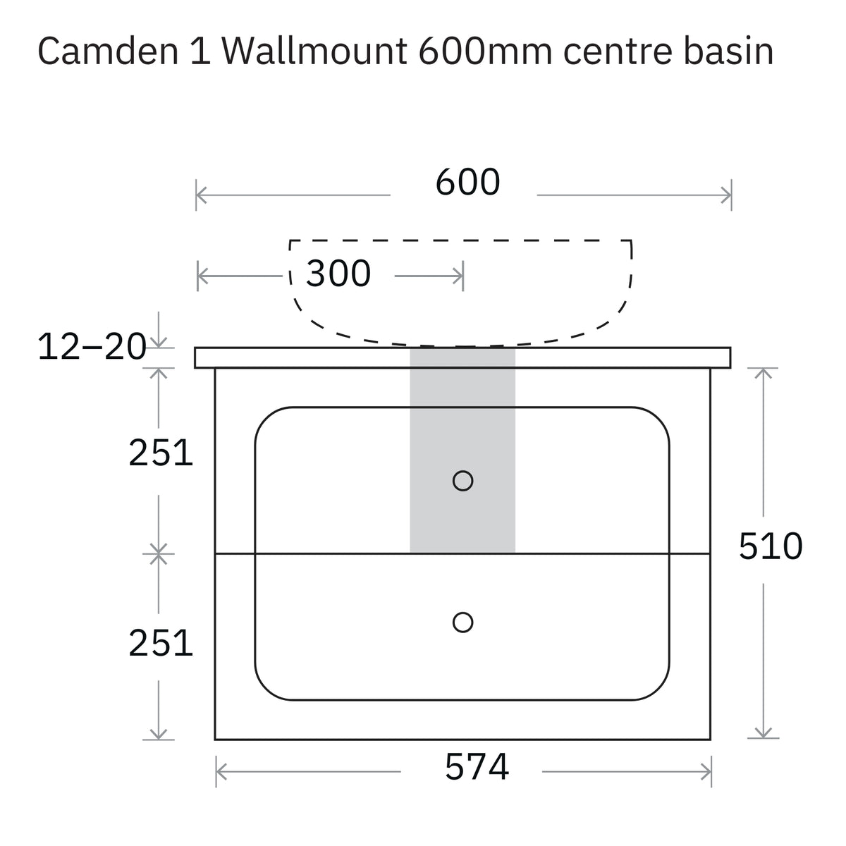Marquis Camden 600mm wall hung vanity technical drawing with centre basin and dimensions in black and grey