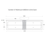 Marquis Camden 1800mm wall hung vanity technical drawing with centre basin and dimensions in white finish