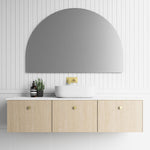 Marquis Chifley wall hung vanity in light woodgrain finish with three drawers and white basin, shown in bathroom setting