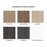 Marquis Cove wall hung vanity cabinet finishes chart showing six woodgrain and white options