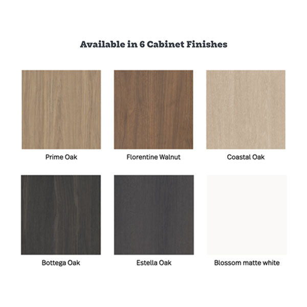 Marquis Cove wall hung vanity cabinet finishes chart showing six woodgrain and white options