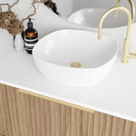 Marquis Cove wall hung vanity with white offset bowl, white benchtop and woodgrain fluted cabinet, close-up view