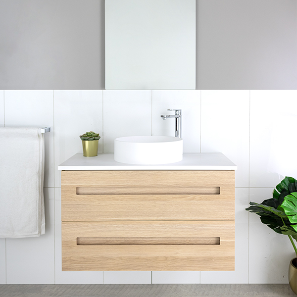 Marquis Gold wall hung vanity in natural oak finish with white round basin and white benchtop, front view