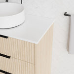 Marquis Lake floor standing vanity in coastal oak with white benchtop, shiplap drawer front and black handles, close-up