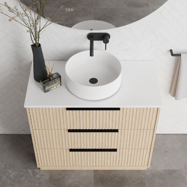 Marquis Lake floor standing vanity in coastal oak with white top and round basin, front view, black handles