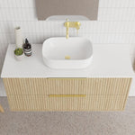 Marquis Lake wall hung vanity with white benchtop, ribbed woodgrain drawers, white above-counter basin and brushed brass tapware