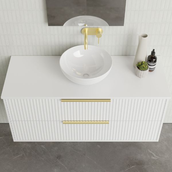 Marquis Lake wall hung vanity in white with fluted front, brass handles and round above-counter basin, top view