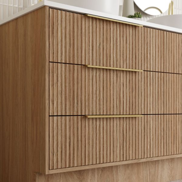 Marquis Lake floor standing vanity in coastal oak, with vertical shiplap panels and slim brass handles