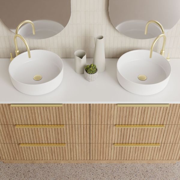 Marquis Lake floor standing vanity in Coastal Oak with ribbed drawers, gold handles and double round basin topview