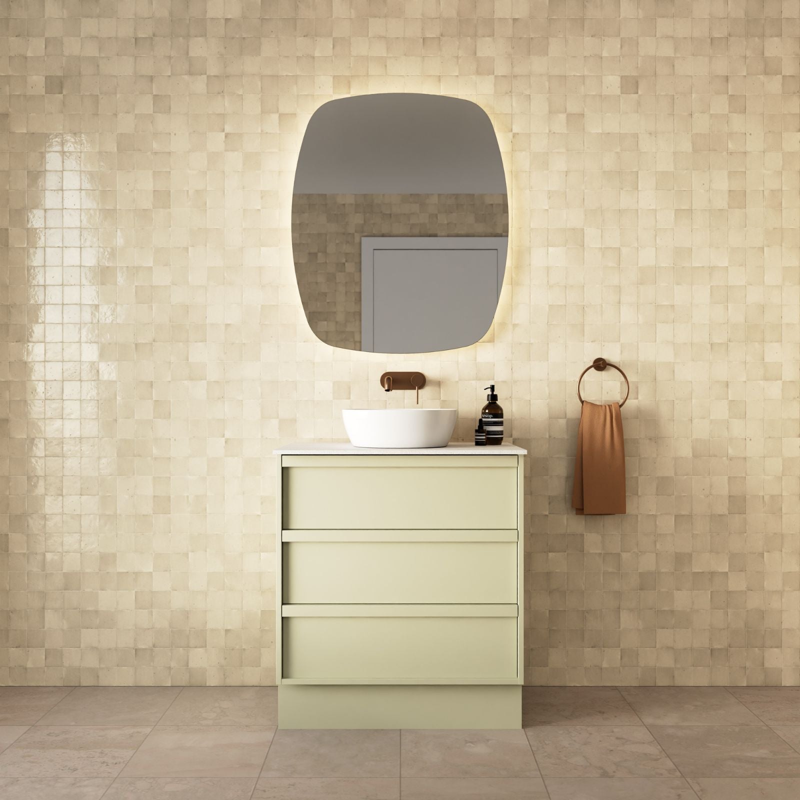 Marquis Marlo floor standing vanity in Verdelho with Symphony top, white basin and three drawers in bathroom setting
