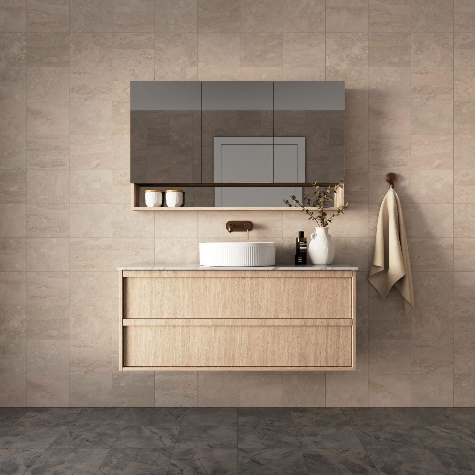 Marquis Marlo wall hung vanity with Symphony top in woodgrain finish, shown in a styled bathroom with round basin and mirror cabinet