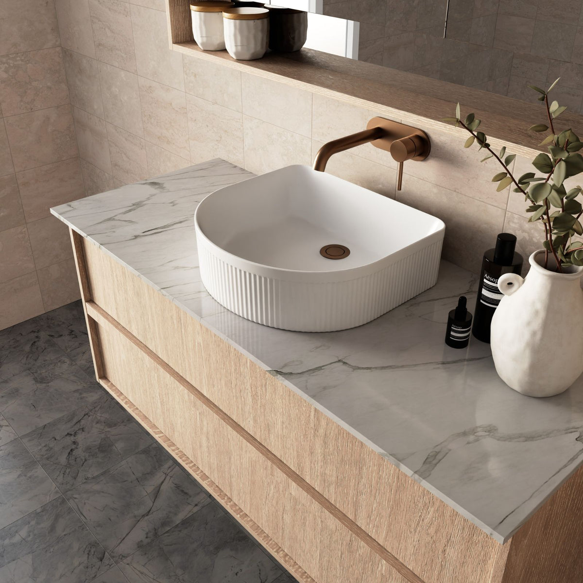 Marquis Marlo wall-hung vanity with Symphony top, white fluted basin and oak-look drawers in a bathroom setting