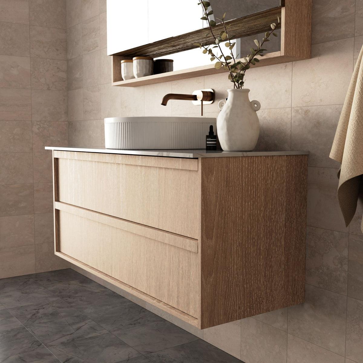 Marquis Marlo wall hung vanity with Symphony top in woodgrain finish, shown with two drawers and centre bowl basin
