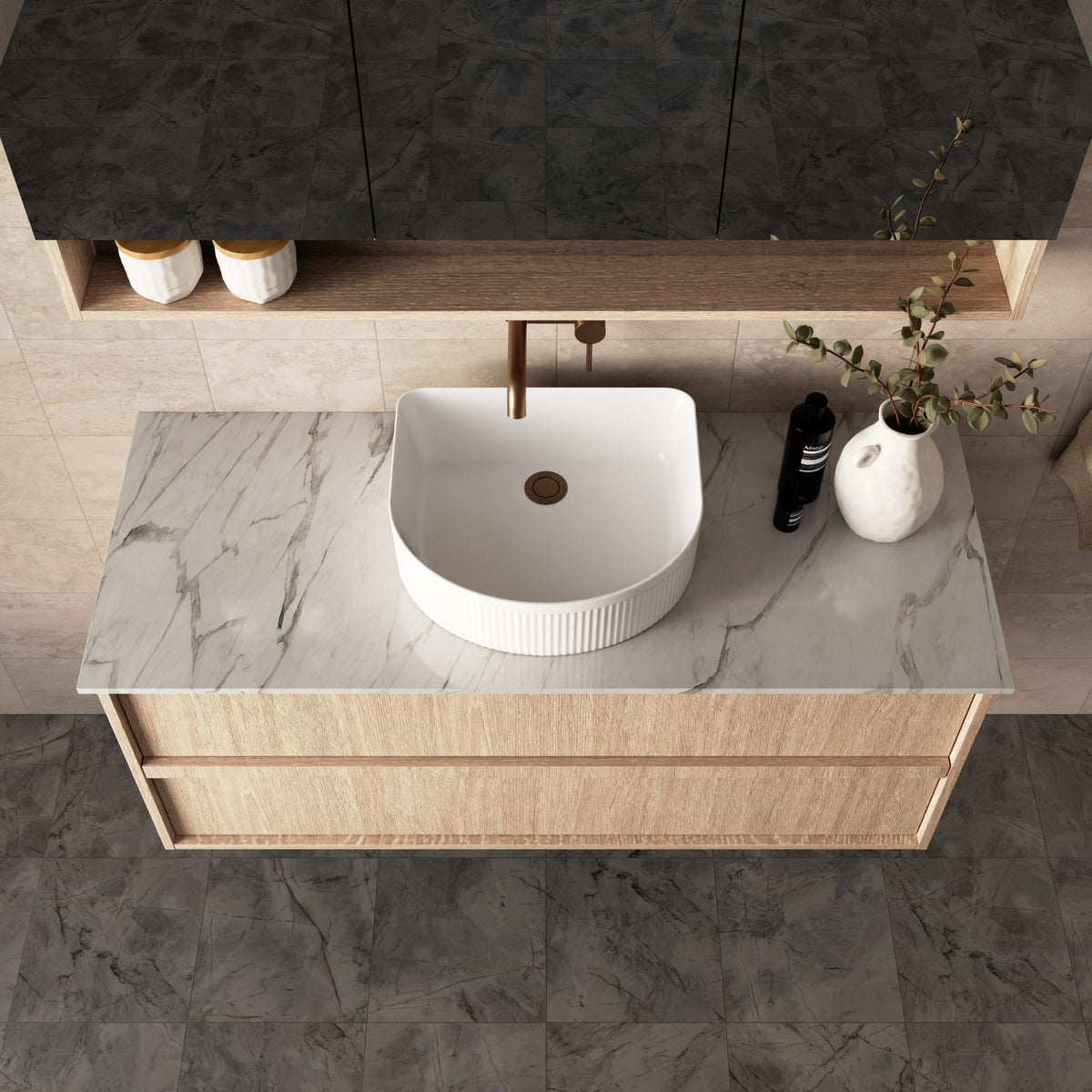 Marquis Marlo wall hung vanity with Symphony top, woodgrain finish, white basin and marble-look benchtop in bathroom setting