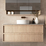 Marquis Marlo wall hung vanity in light woodgrain with Symphony top, white basin and two drawers in bathroom setting