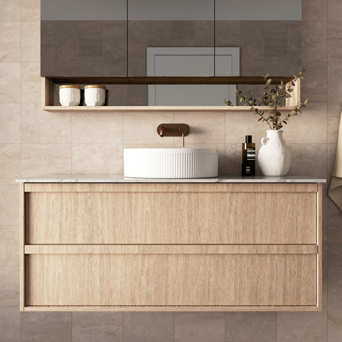 Marquis Marlo wall hung vanity in light woodgrain with Symphony top, white basin and two drawers in bathroom setting