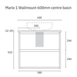 Marquis Marlo 600mm wall-hung vanity dimension drawing with centre basin and two drawers in front view