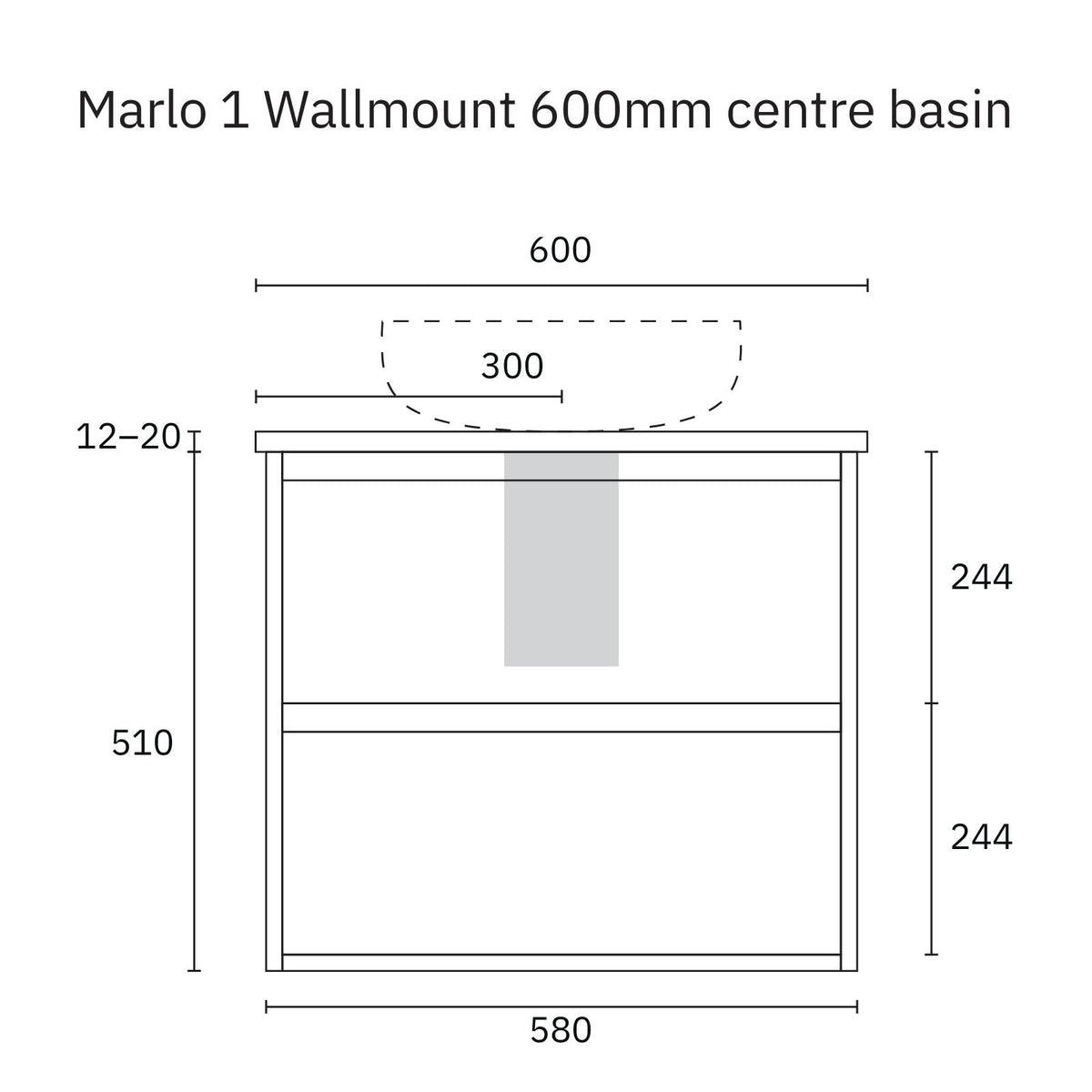 Marquis Marlo 600mm wall-hung vanity dimension drawing with centre basin and two drawers in front view
