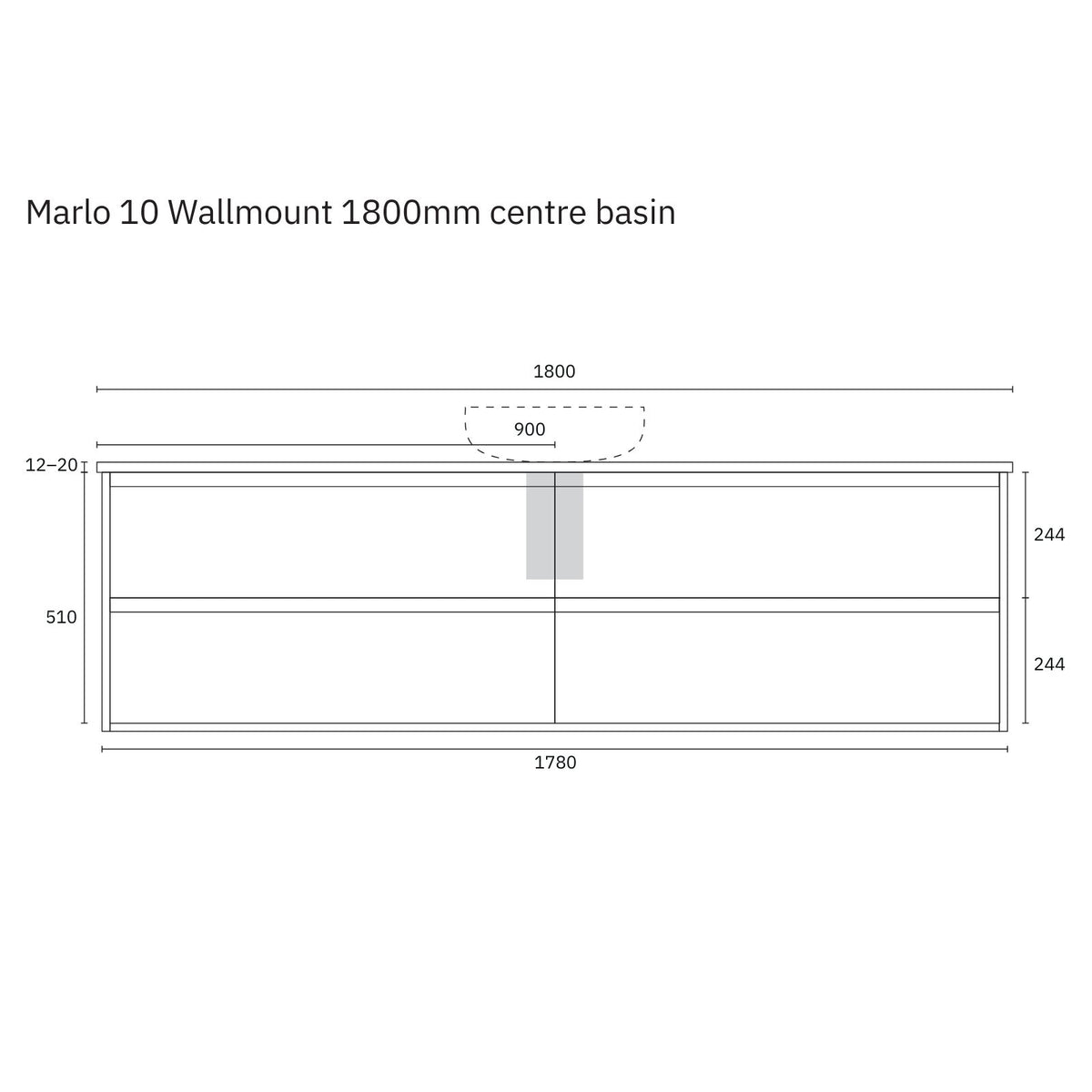 Marquis Marlo 1800mm wall-hung vanity technical drawing with centre basin and dimensions shown