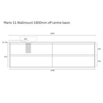 Marquis Marlo wall-hung vanity technical drawing, 1800mm wide, off-centre basin cut-out and drawer dimensions shown