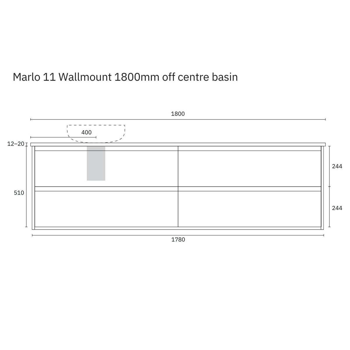Marquis Marlo wall-hung vanity technical drawing, 1800mm wide, off-centre basin cut-out and drawer dimensions shown