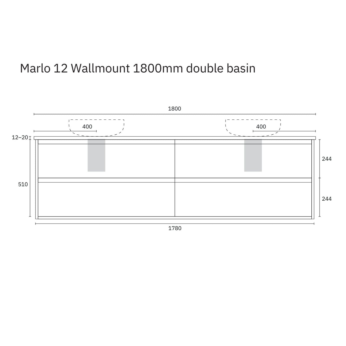 Marquis Marlo 1800mm wall-hung double basin vanity technical drawing with dimensions and tap hole positions