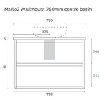 Marquis Marlo wall-hung vanity technical drawing, 750mm centre basin layout with Symphony top dimensions shown