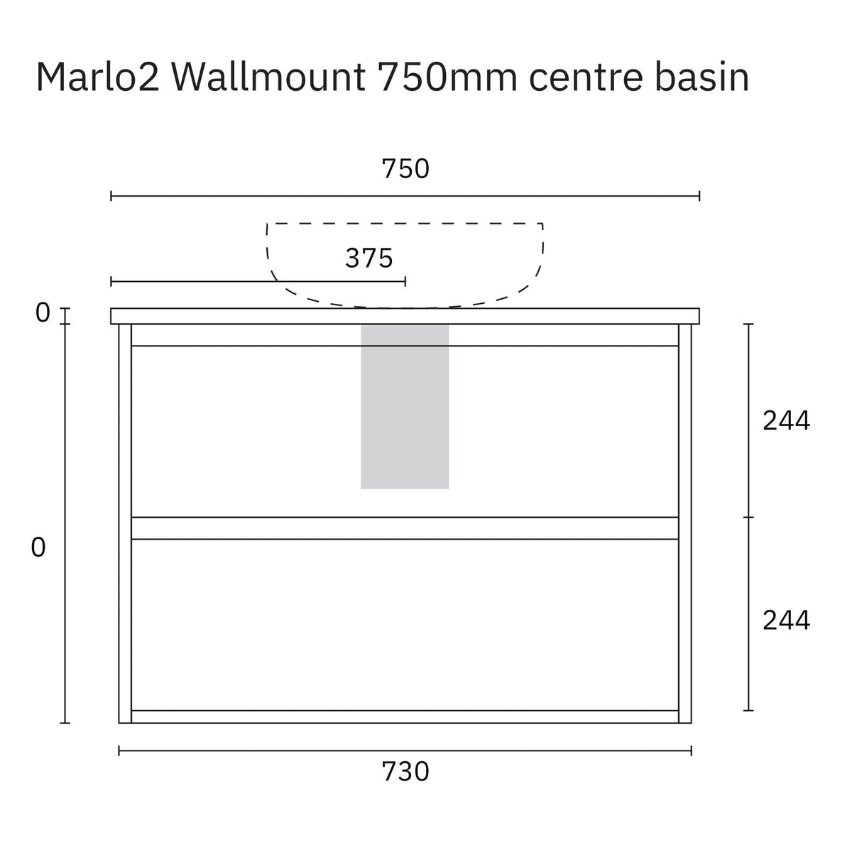 Marquis Marlo wall-hung vanity technical drawing, 750mm centre basin layout with Symphony top dimensions shown