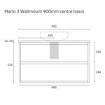 Marquis Marlo wall-hung vanity technical drawing, 900mm centre basin, front view with dimensions and single-drawer layout