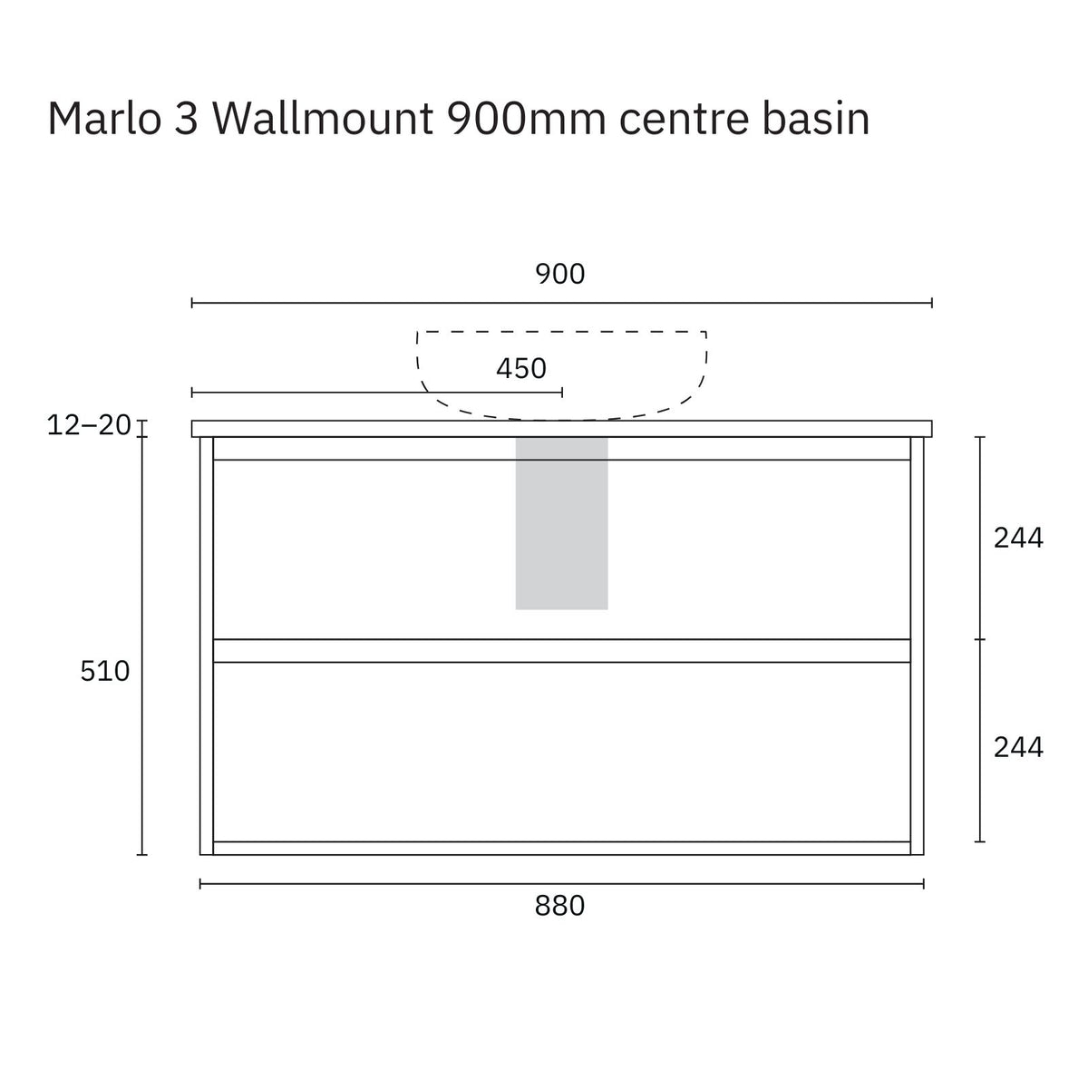 Marquis Marlo wall-hung vanity technical drawing, 900mm centre basin, front view with dimensions and single-drawer layout