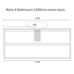 Marquis Marlo wall-hung vanity technical drawing, 1200mm centre basin, front view with dimensions and drawer layout
