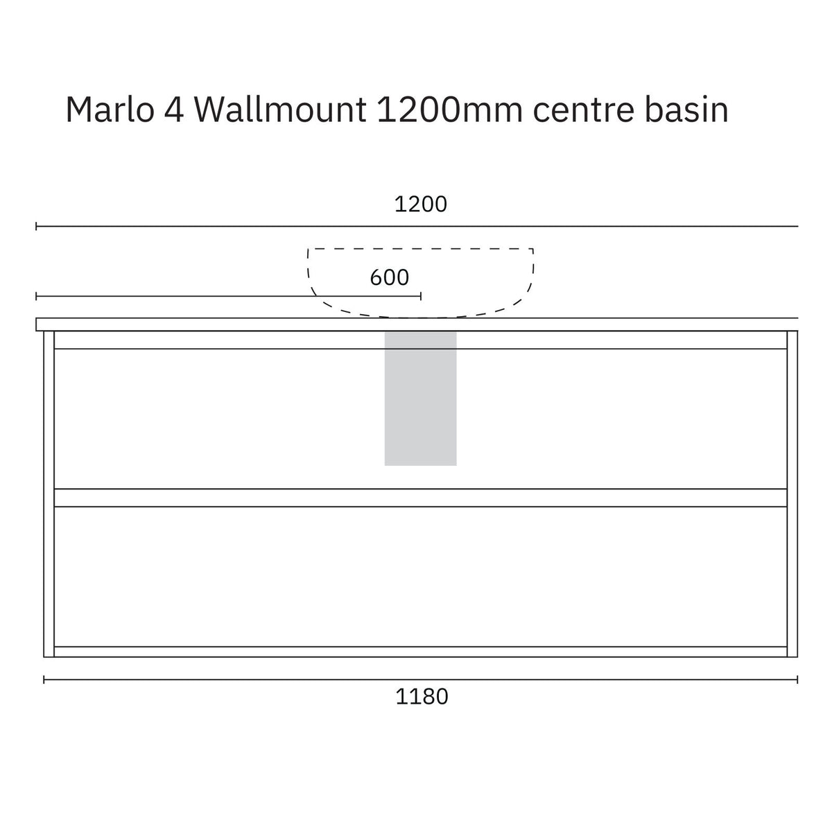 Marquis Marlo wall-hung vanity technical drawing, 1200mm centre basin, front view with dimensions and drawer layout